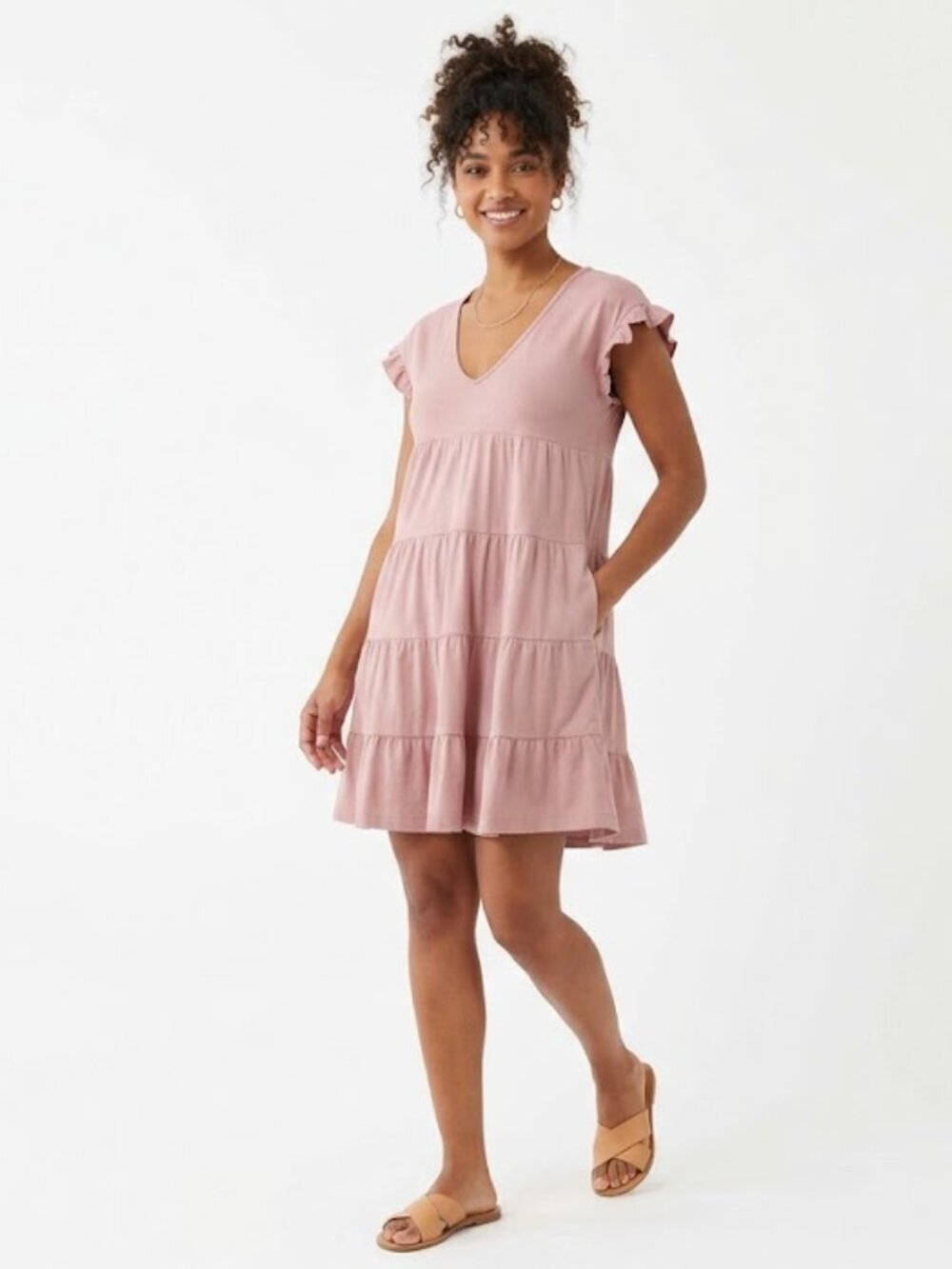 Marigold Size Small Pink Cotton Tiered Flutter Sleeve Mini Dress Pockets